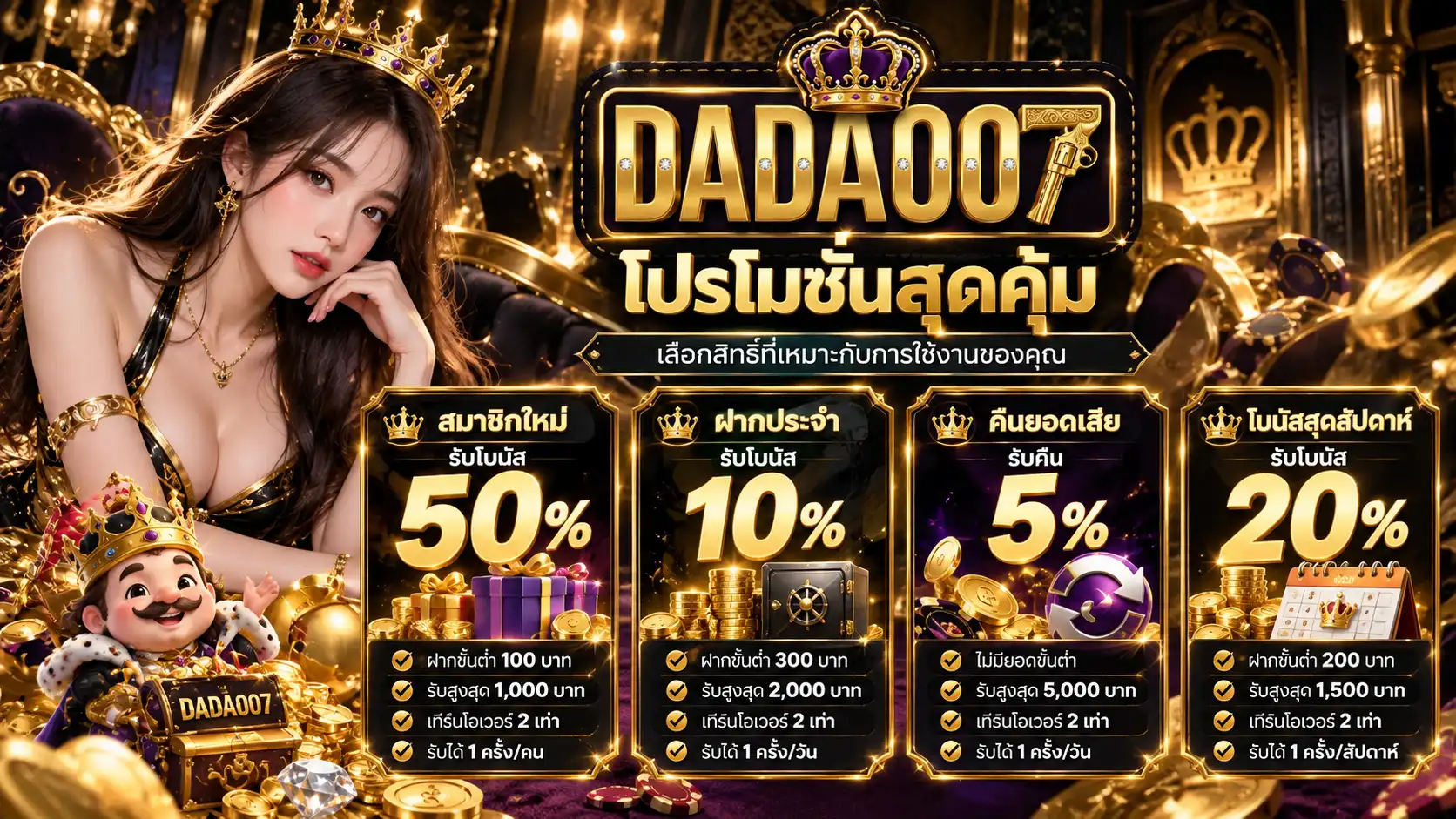 dada007 สิทธิ์สมาชิกใหม่ 50 เปอร์เซ็นต์ ฝากประจำ 10 เปอร์เซ็นต์ คืนยอดเสีย 5 เปอร์เซ็นต์ และโบนัสสุดสัปดาห์ 20 เปอร์เซ็นต์